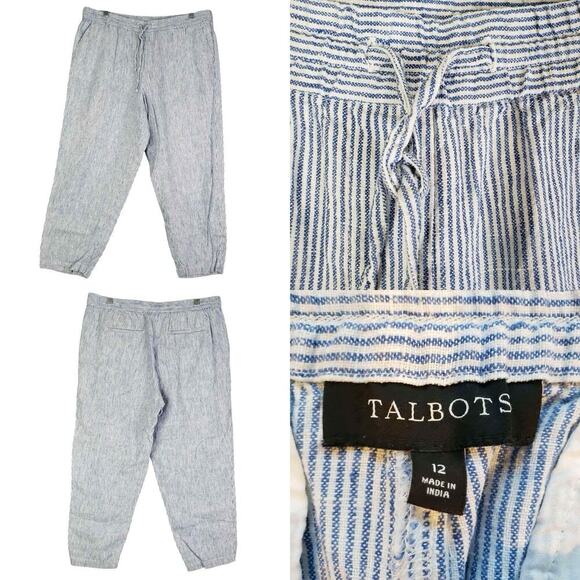 Talbots Pants Crop Linen Women’s Size 12 Blue White Striped Nantucket Lagenlook - Picture 1 of 8